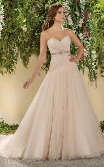 Long Tulle Wedding Dress with Beadings and Ruching Sweetheart Style