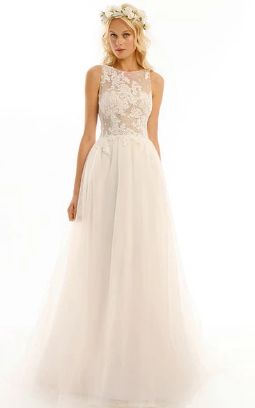 Jewel Appliqued Tulle Wedding Dress with Brush Train and Illusion Floor-Length Elegant 2024