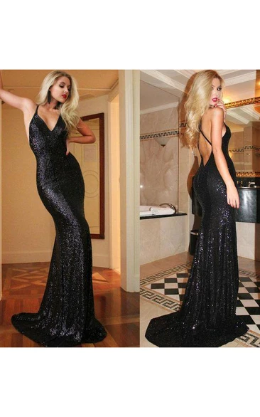 Sequins Mermaid Prom Dress with Spaghetti Straps and Sweep Brush Train