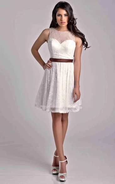 Short Lace A-Line Bridesmaid Dress with Satin Bow Sash Sleeveless