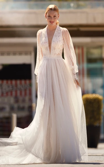 Bohemian Tulle Beach Wedding Dress with Illusion Back A-Line V-Neck