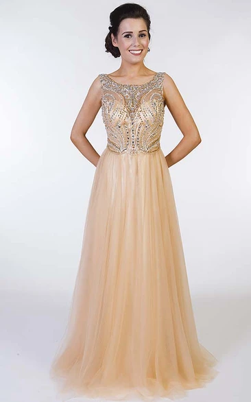 Floor-Length Beaded Tulle A-Line Prom Dress with Scoop Neck Unique Prom Dress