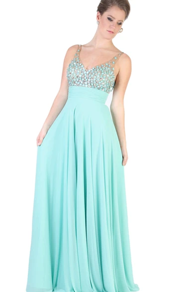 Crystal V-Neck Sleeveless A-Line Evening Dress with Pleats