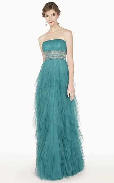 Empire Strapless Tulle Prom Dress with Crystal Waist and Long Tiered Skirt