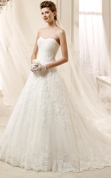 Lace Applique A-Line Wedding Dress with Pleated Bust Elegant Wedding Dress
