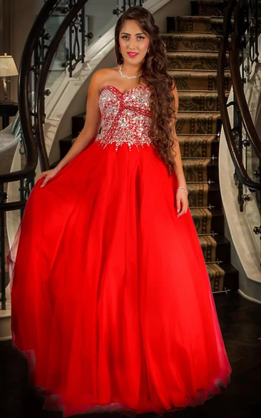 Beaded Tulle Prom Dress with Bow and Ruffles A-Line Floor-Length Sweetheart Women