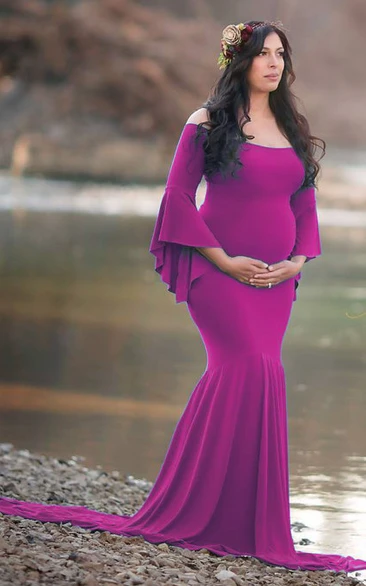Long Sleeve Mermaid Maternity Prom Dress with Court Train