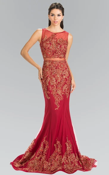 Applique Beaded Trumpet Sleeveless Jersey Formal Dress