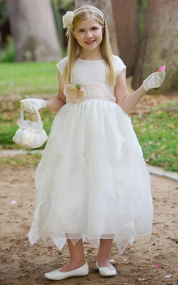 Organza&Taffeta Cap-Sleeve Tiered Flower Girl Dress Country and Flowy