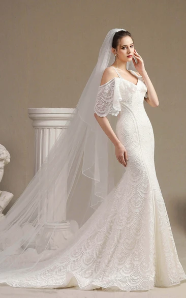 Cute Off-the-shoulder Lace Mermaid Wedding Dress with Straps and Half Sleeves