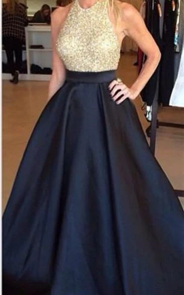 Halter Ball Gown Evening Dress with Beadings and Sleeveless Cut