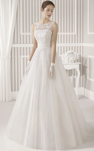 Maxi Appliqued Scoop Tulle&Satin A-Line Wedding Dress with Illusion Back Unique Bridal Gown