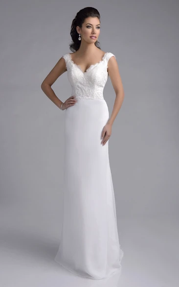 V-Neck Cap Sleeve A-Line Wedding Dress with Lace and Chiffon