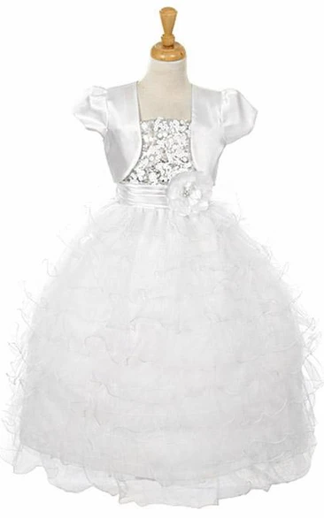 Ankle-Length Bolero Flower Girl Dress with Sequins Organza and Ribbon