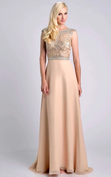 Chiffon A-Line Prom Dress with Cap Sleeves and Jeweled Bodice