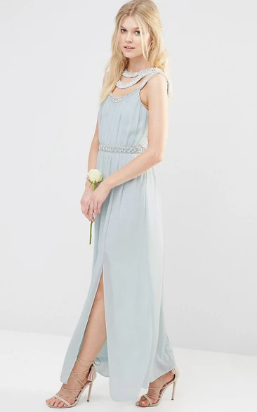 Beaded Sleeveless Chiffon Bridesmaid Dress Ankle-Length Strappy Modern