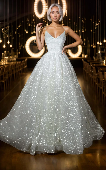 Sexy Elegant Ethereal Sequins Spaghetti A-Line V-neck Modern Floor-length Sleeveless Zipper Low-V Straps Back Wedding Dress