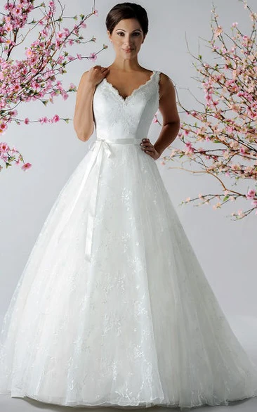 Embroidered Tulle Wedding Dress with Scalloped V-Neck and Sash