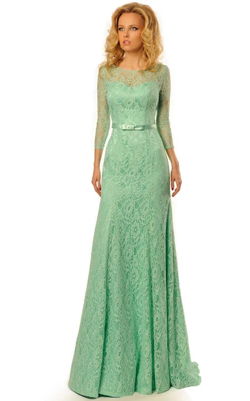 3/4 Sleeve Lace Maxi Prom Dress with Ribboned Scoop Neck