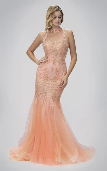 Mermaid Tulle Prom Dress with High Neckline and Appliques