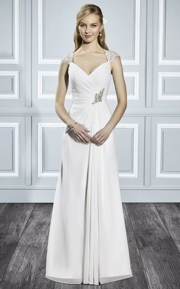 Ruched Cap-Sleeve Chiffon Wedding Dress with Keyhole V-Neck Maxi