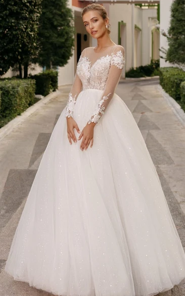 Lace Ball Gown Wedding Dress with Appliques and Button Back Simple Wedding Dress with Jewel Neckline