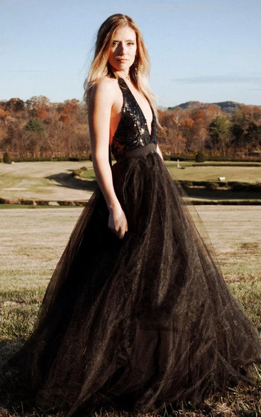 Halter Tulle Dress with Sequins Ideal for Prom or Formal Events