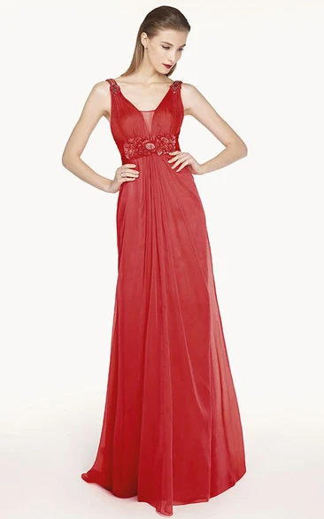 Floral Empire Waist A-Line Prom Dress with V-Back Long Elegant 2024