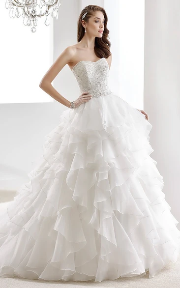 A-line Wedding Dress with Ruching Beaded Bodice and Cascading Ruffles Strapless