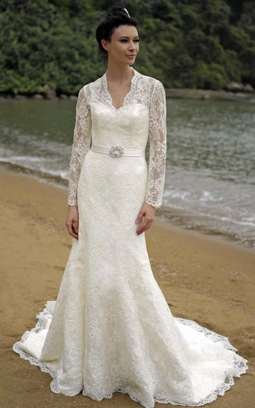 Long-Sleeve Lace Wedding Dress with Broach Modern Sheath Dress