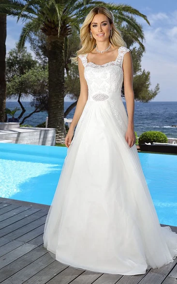 Tulle Appliqued Wedding Dress with Keyhole & Waist Jewelry Floor-Length Square