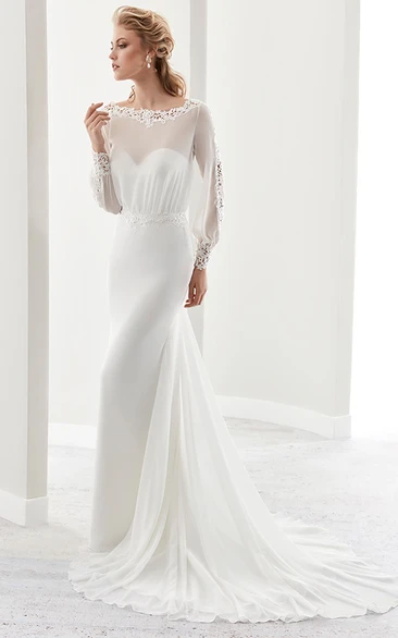Jewel-Neck Sheath Wedding Dress with Long Sleeves and Illusion Design