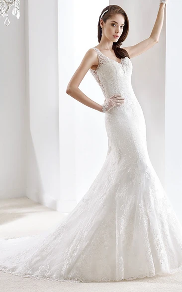 Illusive Lace Straps V-neck Cap Sleeve Sheath Wedding Dress