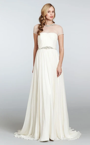 Draped Sheath Illusion Neckline Wedding Dress with Beaded Belt