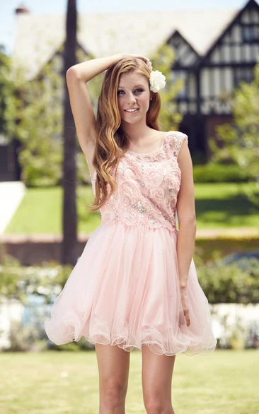 Bateau Sleeveless A-Line Tulle Prom Dress with Sequins and Beading