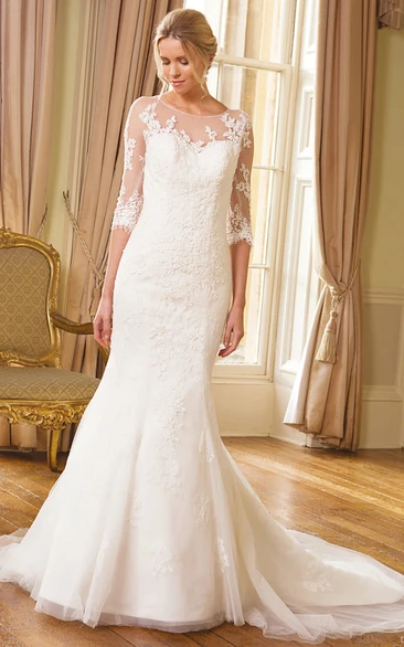 Tulle Mermaid Wedding Dress with Half Sleeves and Appliques Classy Bridal Gown
