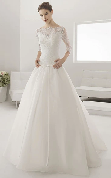 Bateau Ball Gown with Illusion Neckline Sash and 3-4 Sleeves