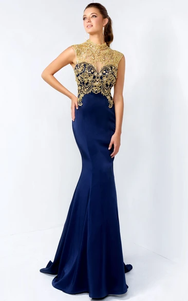 Elegant Sheath Jersey Prom Dress with High Neck and Beading