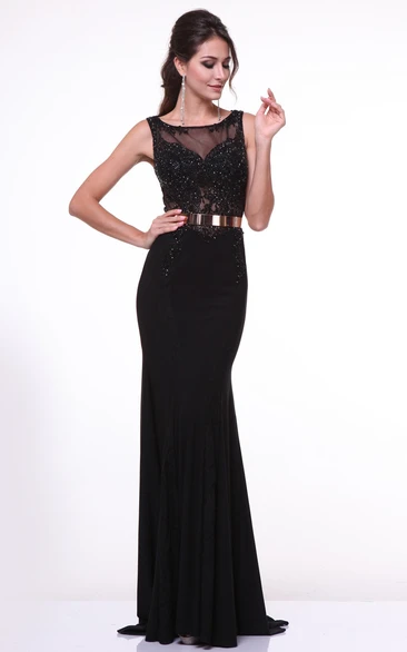 Sleeveless Jersey Sheath Dress with Illusion Bateau Neckline Prom Dress