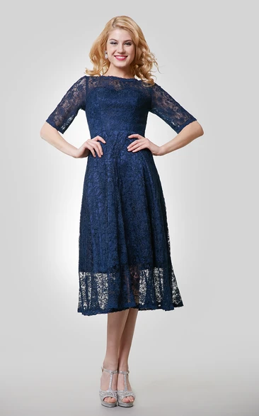 Lace Tea Length Dress With Jewel Neckline Half Sleeve