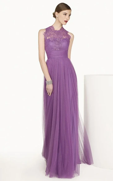 Sleeveless A-Line Tulle Long Prom Dress with High Neck and Lace Detail