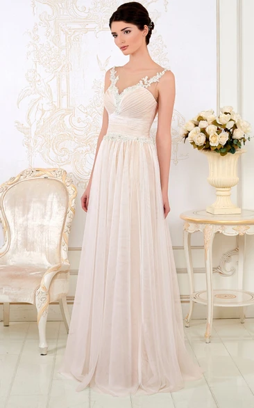 Elegant V-Neck Appliqued Tulle Wedding Dress with Ruched A-Line Silhouette