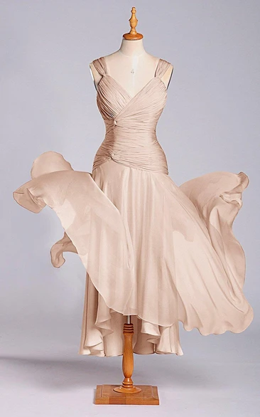 Tea-length Chiffon Dress with Ruching V-neck Casual Dress for Beach Bridesmaid