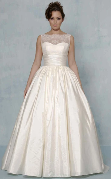 Sleeveless Satin&Lace Ball Gown Wedding Dress with Bateau-Neck