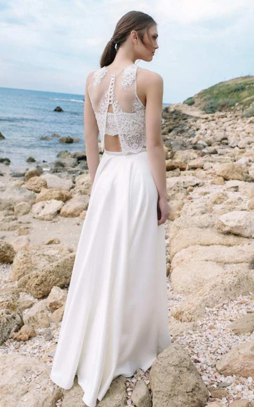 Halter Lace Chiffon Wedding Dress with Satin