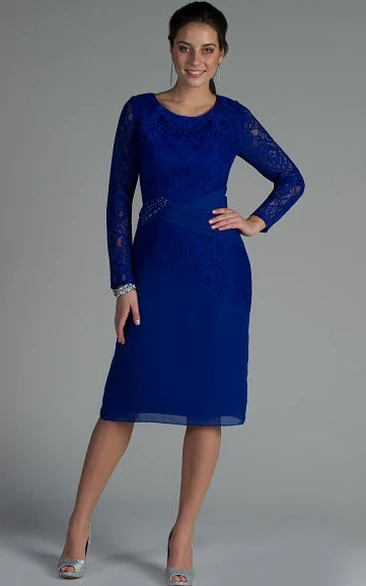 Lace Long Sleeve Knee Length Mother Of The Bride Dress With Beadings Elegant Formal Dress