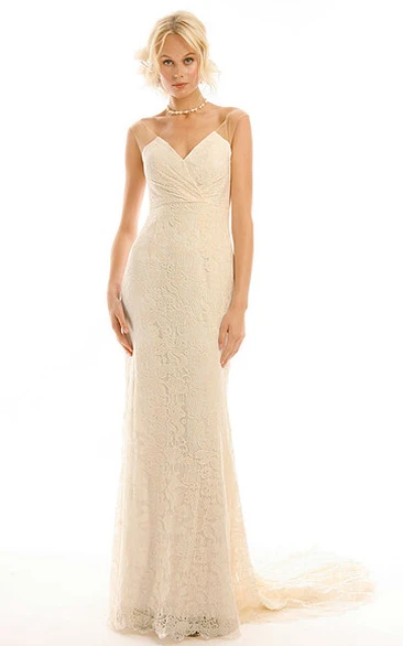 Maxi Lace Wedding Dress with Court Train and V Back V-Neck Romantic Women