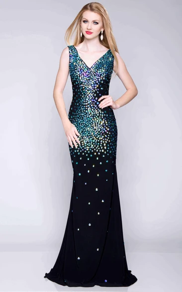 Sequined Sheath V-Neck Chiffon Prom Dress with Low-V Back Unique Prom Dress 2024