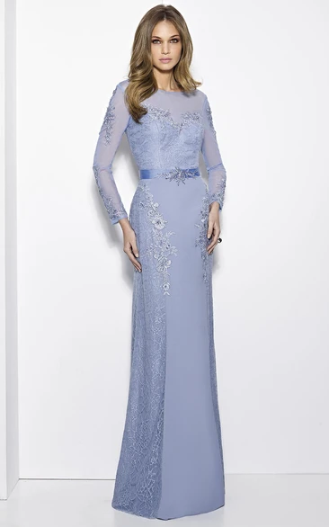 Long-Sleeve Lace Jewel-Neck Prom Dress with Appliques and Floor-Length Hem