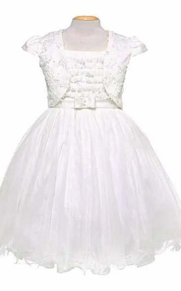 Mini Tulle&Satin Flower Girl Dress with Embroidery Bolero Style